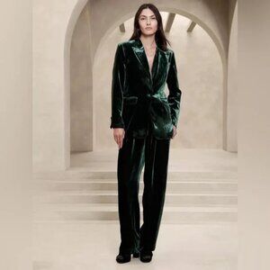 ‼️ BANANA REPUBLIC Green Velvet Silk Bl Relaxed Wide Leg Trousers Dress Pants 10